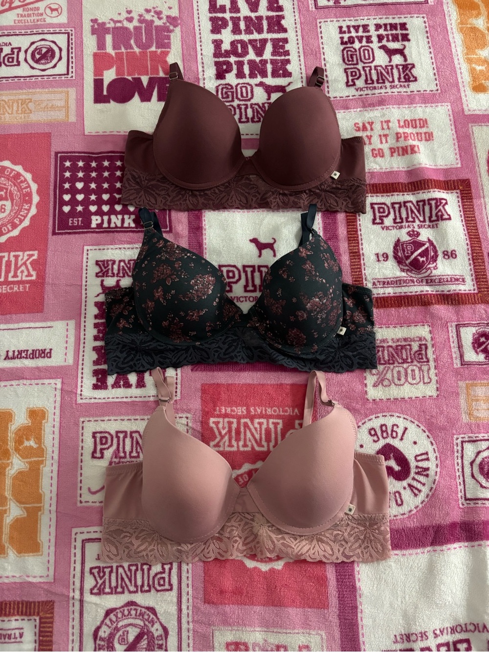 Lucky Brand Lace-Trim T-Shirt Bra — burgundy , blue Floral, pink lace